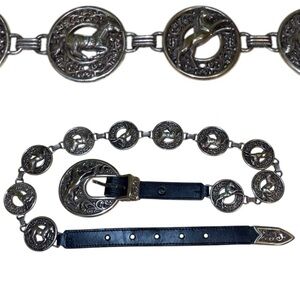 Vintage Justin Boots Black Leather Belt With Silver Concho Horse Medallions 28